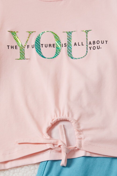 Kız Çocuk Pembe Yazı Baskılı Bluzlu Kargo Pantolonlu Takım 15453