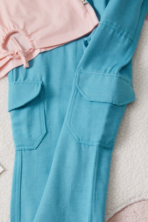 Kız Çocuk Pembe Yazı Baskılı Bluzlu Kargo Pantolonlu Takım 15453