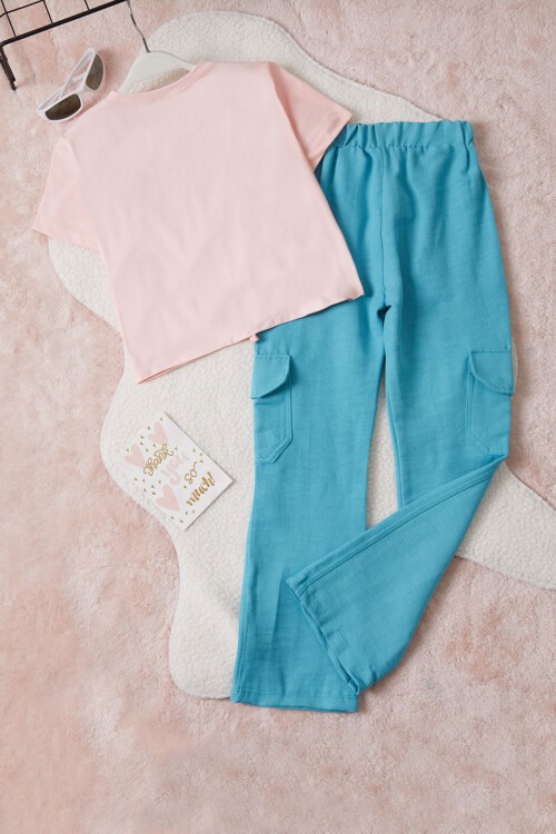 Kız Çocuk Pembe Yazı Baskılı Bluzlu Kargo Pantolonlu Takım 15453