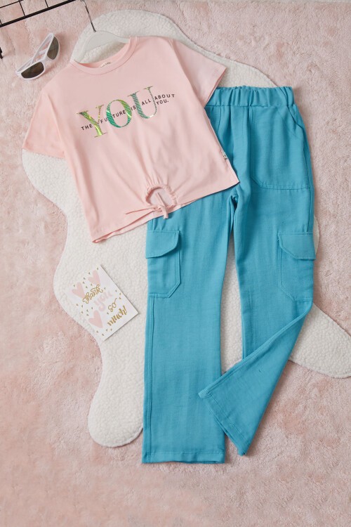 Kız Çocuk Pembe Yazı Baskılı Bluzlu Kargo Pantolonlu Takım 15453