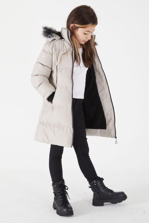 Kız Çocuk Şişme Mont Kürklü Bej 15503