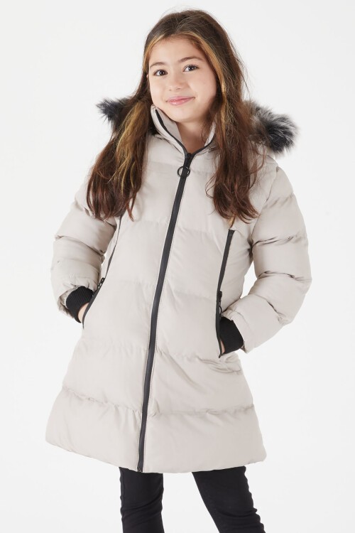 Kız Çocuk Şişme Mont Kürklü Bej 15503