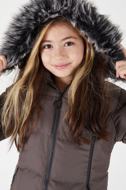 Kız Çocuk Şişme Mont Kürklü Gri 15504