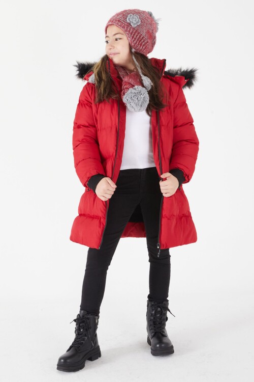 Kız Çocuk Şişme Mont Kürklü Kırmızı 15587