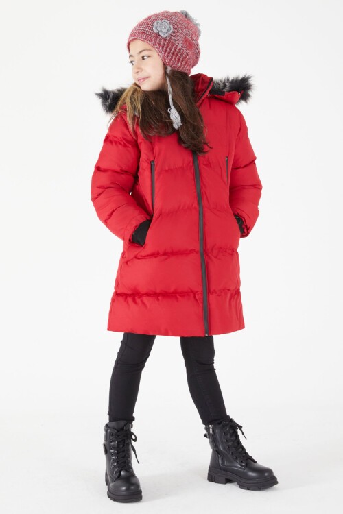 Kız Çocuk Şişme Mont Kürklü Kırmızı 15587