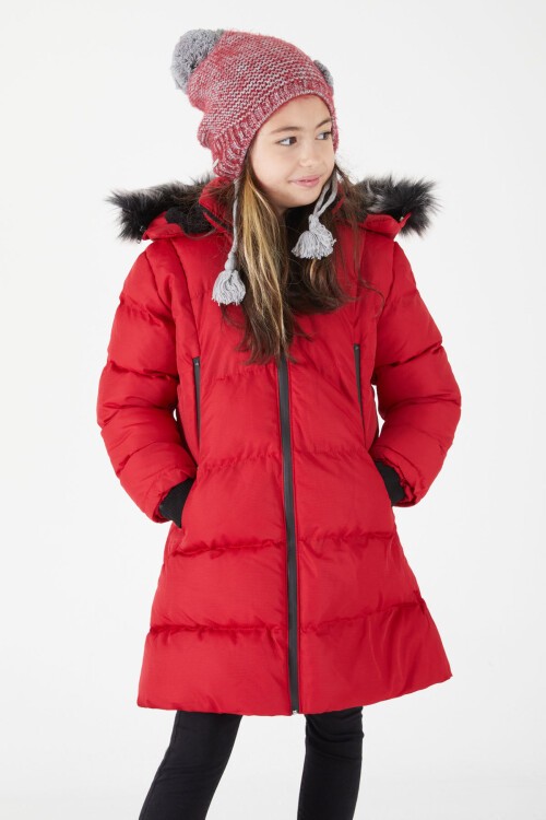 Kız Çocuk Şişme Mont Kürklü Kırmızı 15587