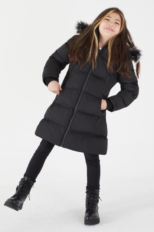 Kız Çocuk Şişme Mont Kürklü Siyah 15502