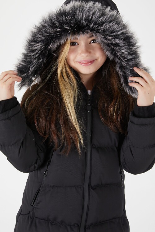 Kız Çocuk Şişme Mont Kürklü Siyah 15502