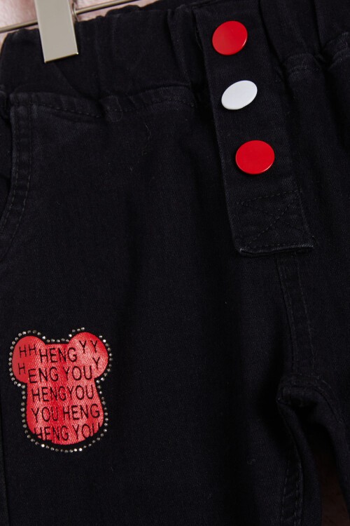 Kız Çocuk Siyah Beli Lastikli Renkli Düğmeli Jean Pantolon 16262