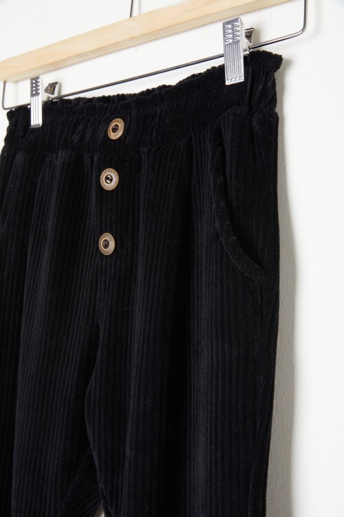 Kız Çocuk Siyah Düğme Detaylı Kadife Pantolon 16317