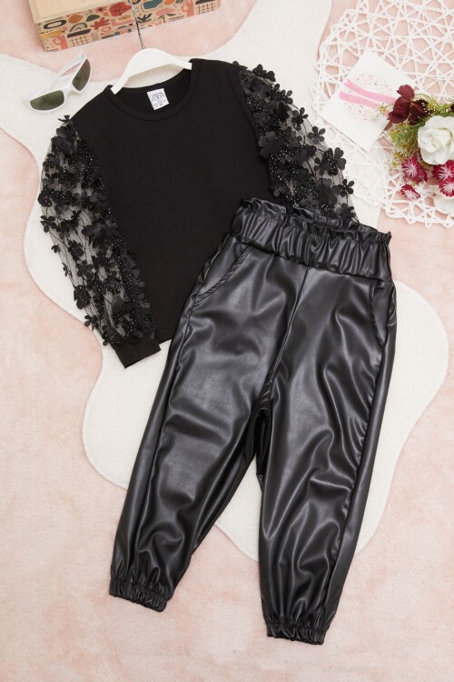 Kız Çocuk Siyah Tüllü Bluz Pantolonlu Takım 15038