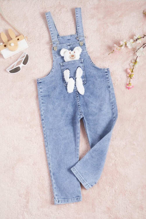 Koyu Mavi Ayıcık Detaylı Kız Salopet Tulum 15466