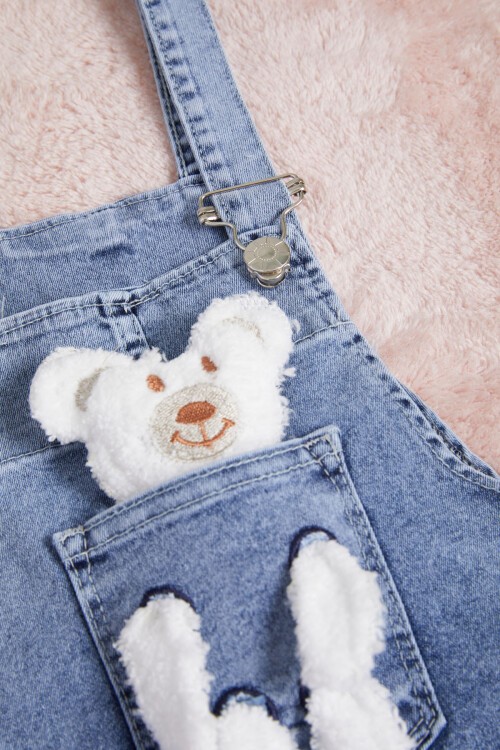 Koyu Mavi Ayıcık Detaylı Kız Salopet Tulum 15466