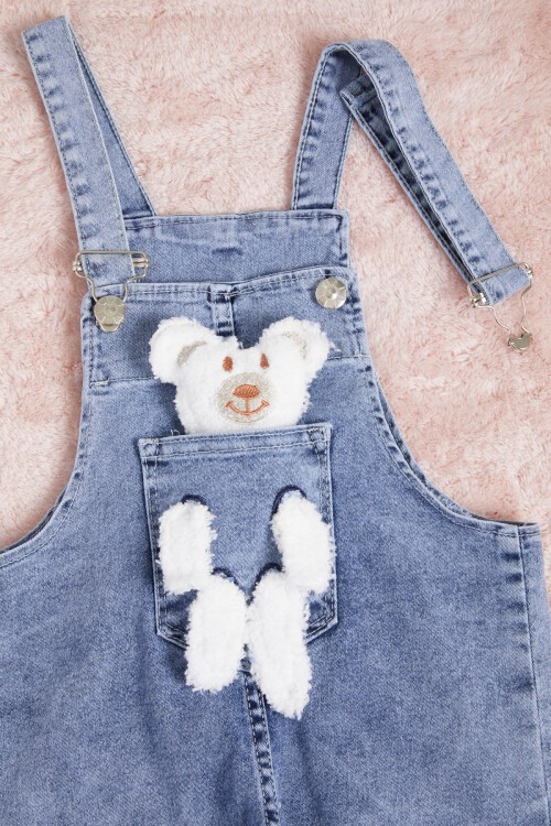 Koyu Mavi Ayıcık Detaylı Kız Salopet Tulum 15466