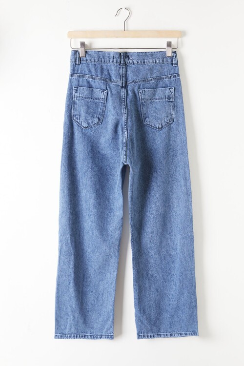 Koyu Mavi Paçası Çıtçıtlı Yırtmaçlı Kız Jean Pantolon 16204