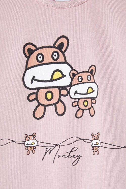 Koyu Pembe Çizgili Hayvan Desenli Kız Pijama Takımı 16335