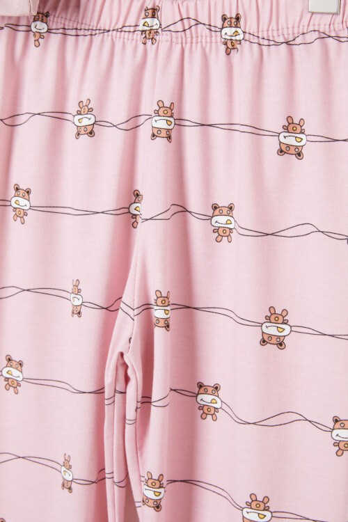 Koyu Pembe Çizgili Hayvan Desenli Kız Pijama Takımı 16335