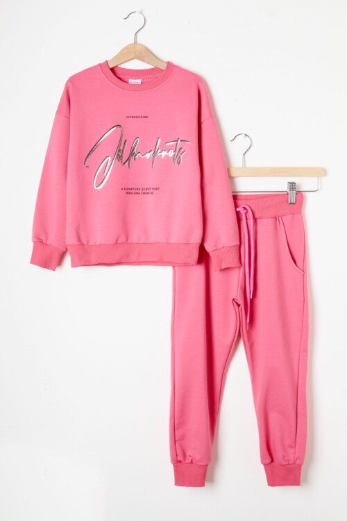 Koyu Pembe Hologram Yazı Baskılı Kız Çocuk Eşofman Takımı 16342