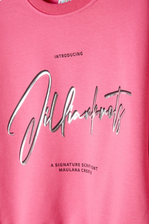 Koyu Pembe Hologram Yazı Baskılı Kız Çocuk Eşofman Takımı 16342