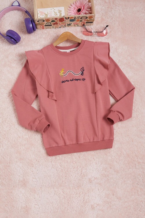 Koyu Pembe Kelebek Nakışlı Volanlı Kız Çocuk Sweatshirt 16407