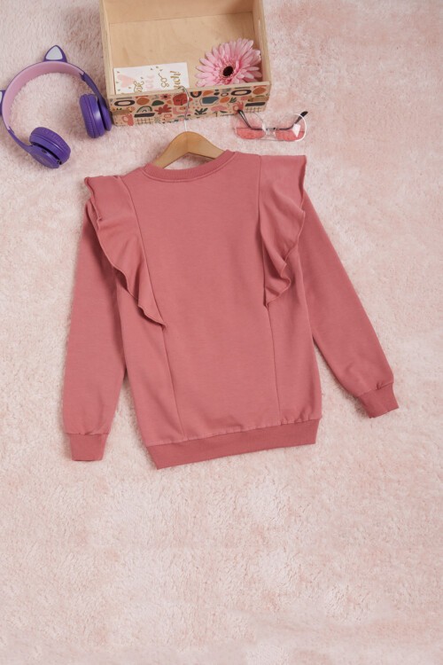 Koyu Pembe Kelebek Nakışlı Volanlı Kız Çocuk Sweatshirt 16407
