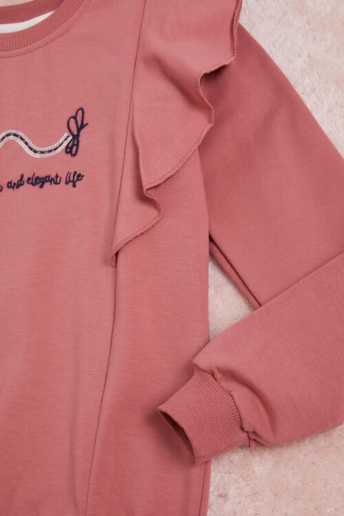 Koyu Pembe Kelebek Nakışlı Volanlı Kız Çocuk Sweatshirt 16407