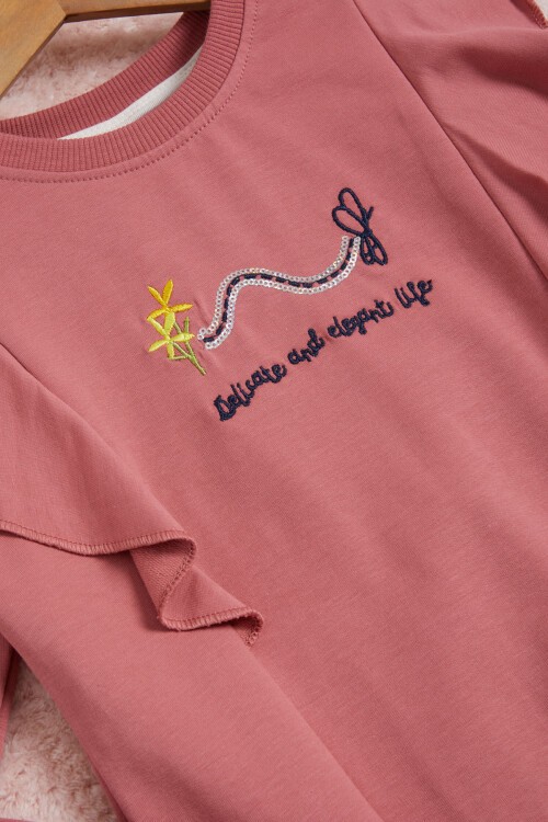 Koyu Pembe Kelebek Nakışlı Volanlı Kız Çocuk Sweatshirt 16407
