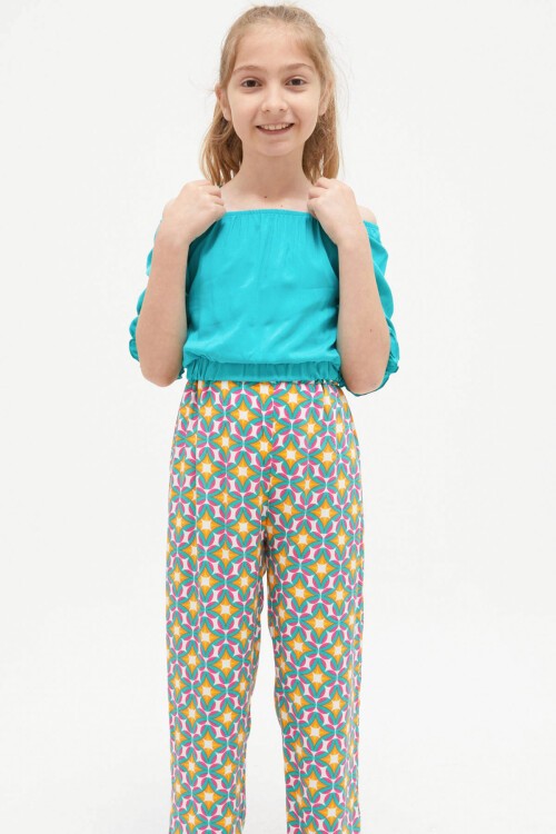 Koyu Yeşil Askılı Bluzlu Pantolonlu Kız Çocuk Takım 15411