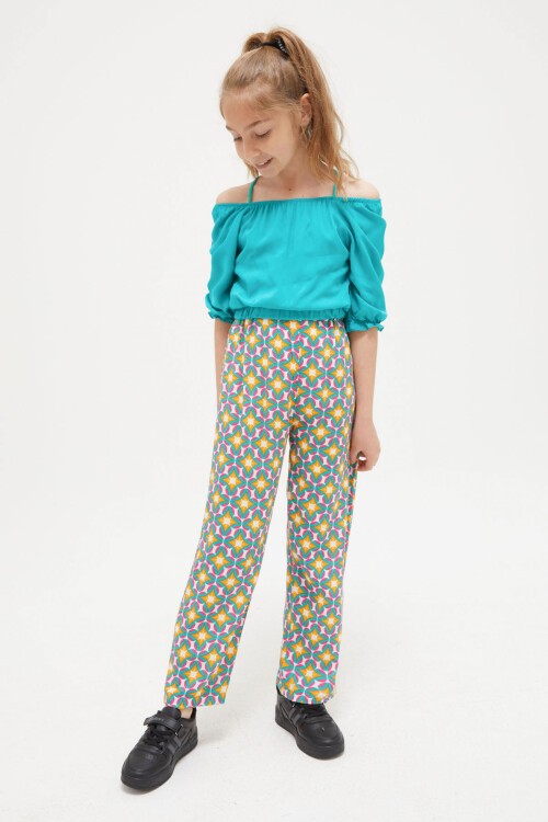 Koyu Yeşil Askılı Bluzlu Pantolonlu Kız Çocuk Takım 15411