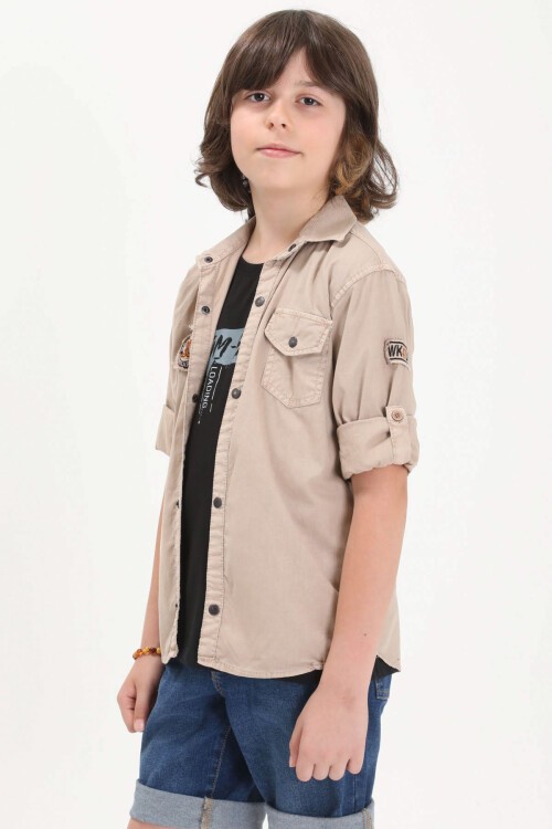 Krem Armalı Yazı Baskılı Tişörtlü Gömlek 16151