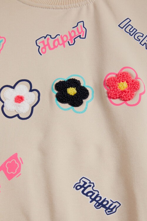 Krem Çiçek Nakışlı Uzun Kol Kız Çocuk Sweatshirt 16302