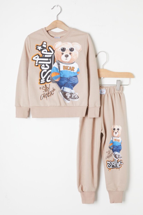 Krem Cool Ayıcık Baskılı Erkek Çocuk Eşofman Takımı 16349