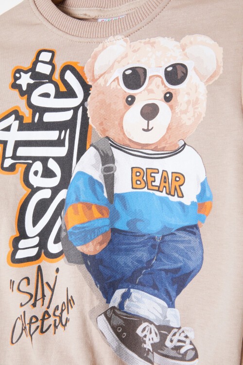 Krem Cool Ayıcık Baskılı Erkek Çocuk Eşofman Takımı 16349