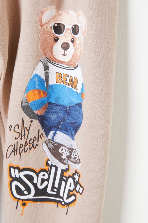 Krem Cool Ayıcık Baskılı Erkek Çocuk Eşofman Takımı 16349