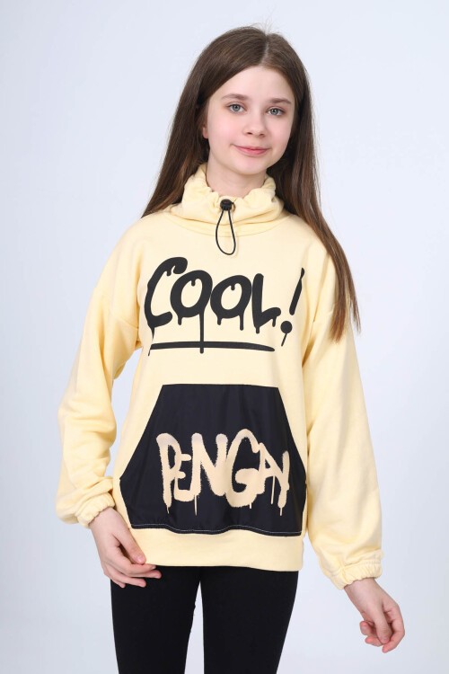 Krem Cool Yazı Baskılı Boğazlı Kız Çocuk Sweatshirt 16450