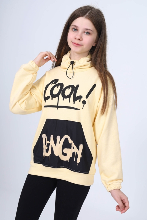 Krem Cool Yazı Baskılı Boğazlı Kız Çocuk Sweatshirt 16450