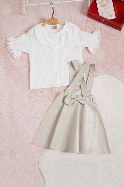 Krem Deri Etekli Bluzlu Kız Çocuk Salopet Takım 15561