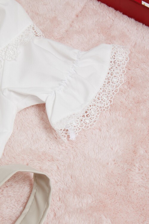 Krem Deri Etekli Bluzlu Kız Çocuk Salopet Takım 15561