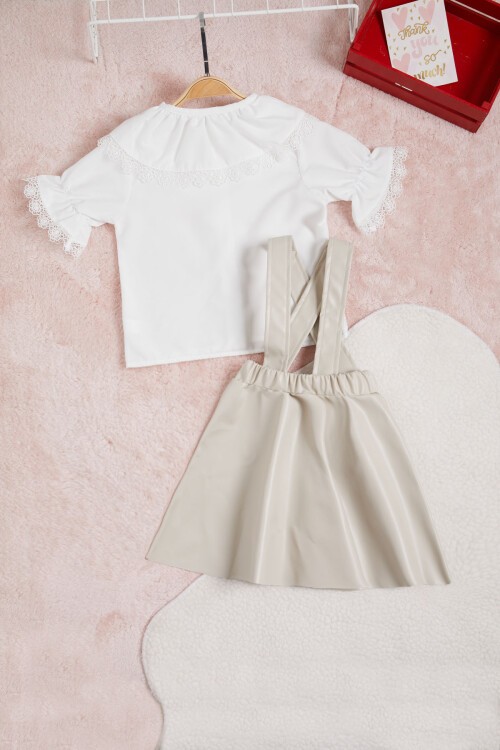 Krem Deri Etekli Bluzlu Kız Çocuk Salopet Takım 15561