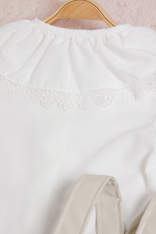 Krem Deri Etekli Bluzlu Kız Çocuk Salopet Takım 15561