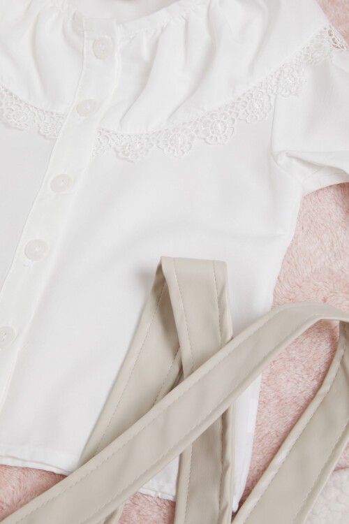 Krem Deri Etekli Bluzlu Kız Çocuk Salopet Takım 15561