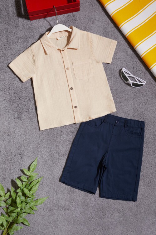 Krem Gömlekli Keten Şortlu Erkek Çocuk Takım 15432