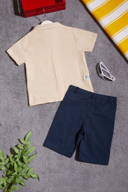 Krem Gömlekli Keten Şortlu Erkek Çocuk Takım 15432