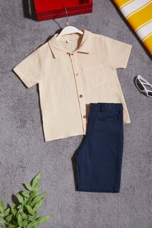 Krem Gömlekli Keten Şortlu Erkek Çocuk Takım 15432