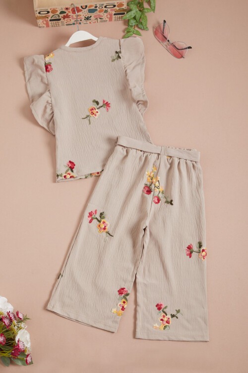 Krem Gül Nakışlı Volanlı Kız Çocuk Takım 16110