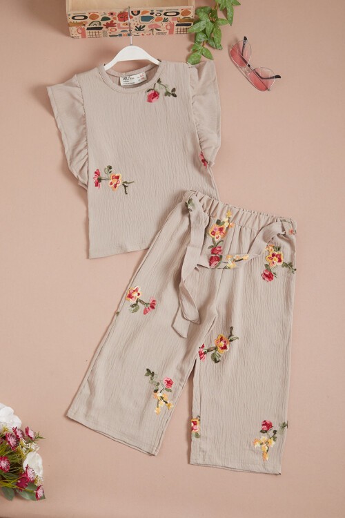 Krem Gül Nakışlı Volanlı Kız Çocuk Takım 16110