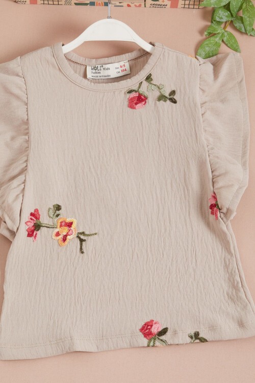 Krem Gül Nakışlı Volanlı Kız Çocuk Takım 16110