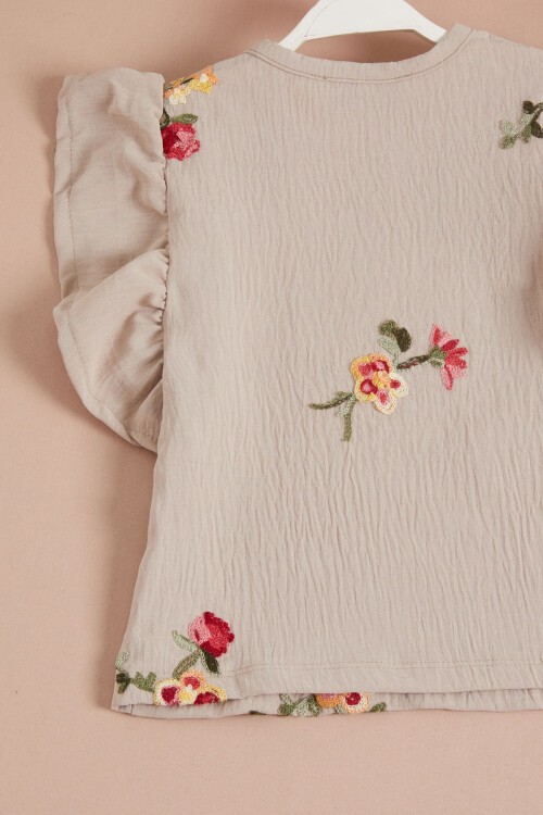 Krem Gül Nakışlı Volanlı Kız Çocuk Takım 16110