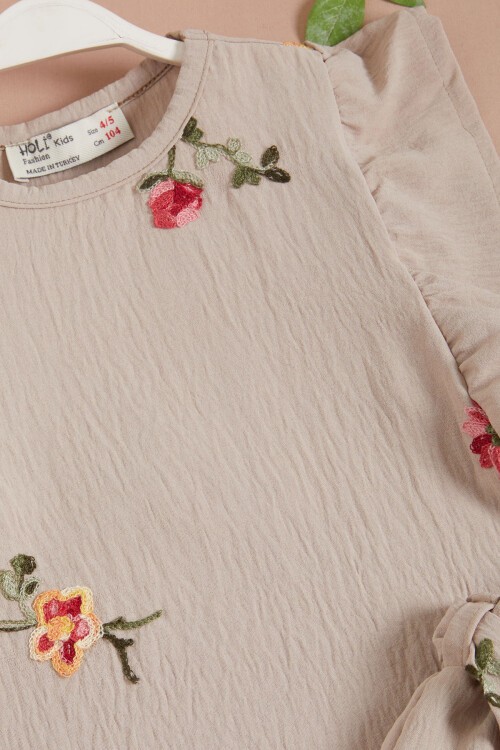 Krem Gül Nakışlı Volanlı Kız Çocuk Takım 16110