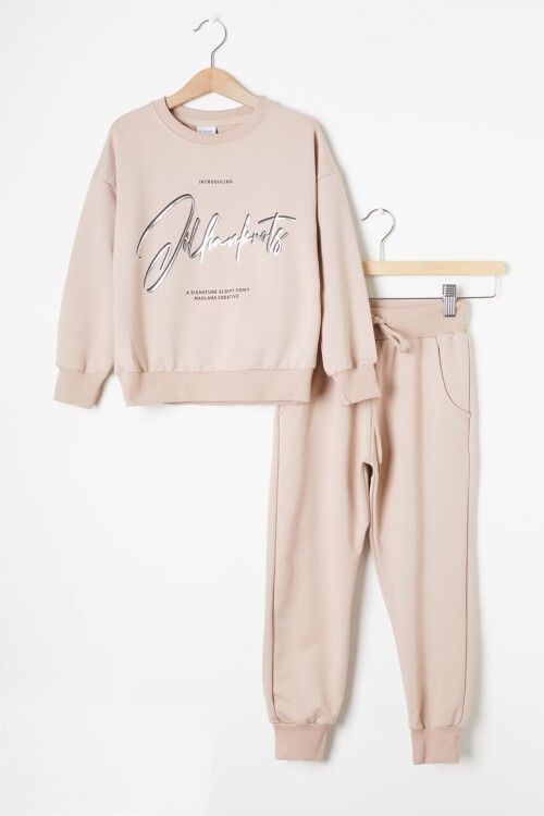 Krem Hologram Yazı Baskılı Kız Çocuk Eşofman Takımı 16345